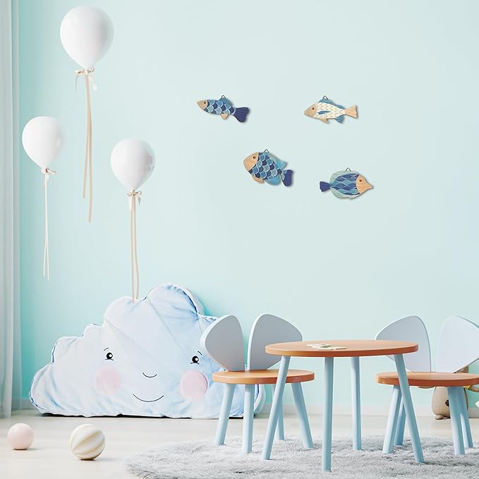 Vumyhuby Wooden Fish Wall Art with Coastal Ocean Theme Decor - Handcrafted Natural Wood Fishs Wall Sculpture Set of 4, Rustic Hanging for Linving Room, Beach, Nautical, or Coastal Home Decoration, Unique Gifts,C
