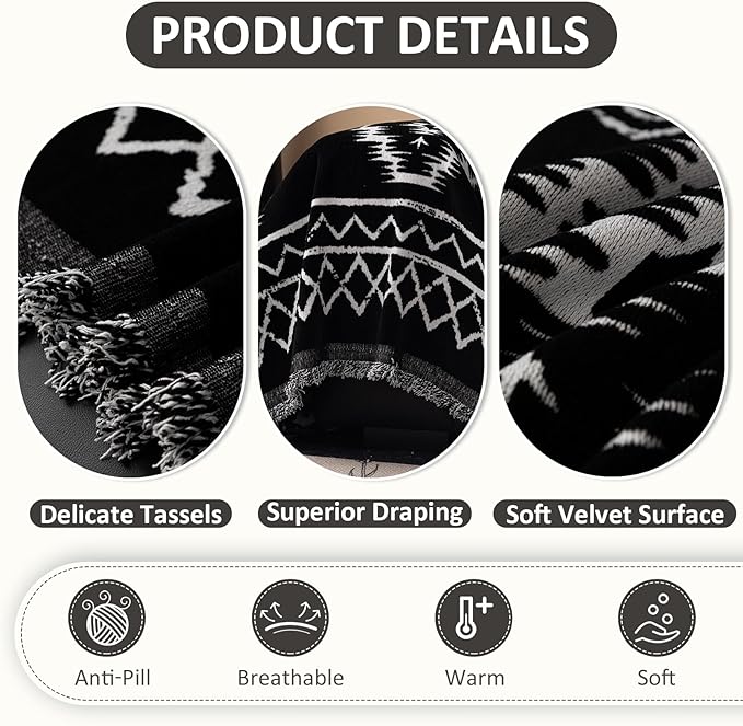 VClife Boho Couch Cover Chenille Sofa Cover for Sectional Sofa, Non Slip Couch Covers for 2 Seater Sofa Pet Friendly Sofa Protector with Tassel, Tribal Pattern Couch Slipcover, Black, 71"X118"