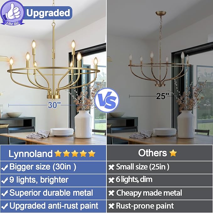 30" Gold Chandelier, 9-Light Modern Farmhouse Chandelier for Dining Room Lighting Fixtures Hanging, Candle Chandelier Light for Living Room, Kitchen Island, Bedroom and Entryway (Bulbs Not Included)