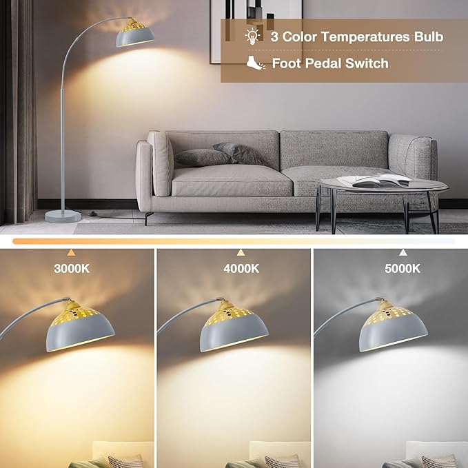 Arc Floor Lamps for Living Room, 71" Standing Lamp with Adjustable Lamp Head, Silver Metal Tall Lamps with Foot Switch, Arched Reading Light for Bedroom, Office, 9W 3 Color Temperatures Bulb Included