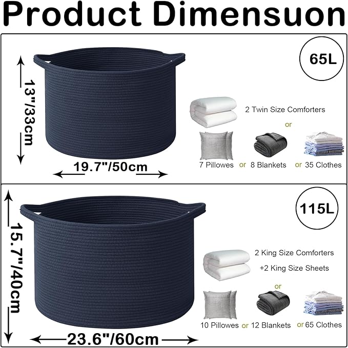 Large Blanket Basket for Organizing,115L Closet Organizers and Storage Bins Box for Shelves Woven Rope Storage Baskets,Living Room,Bedroom,Dorm,Laundry room (Dark Blue)
