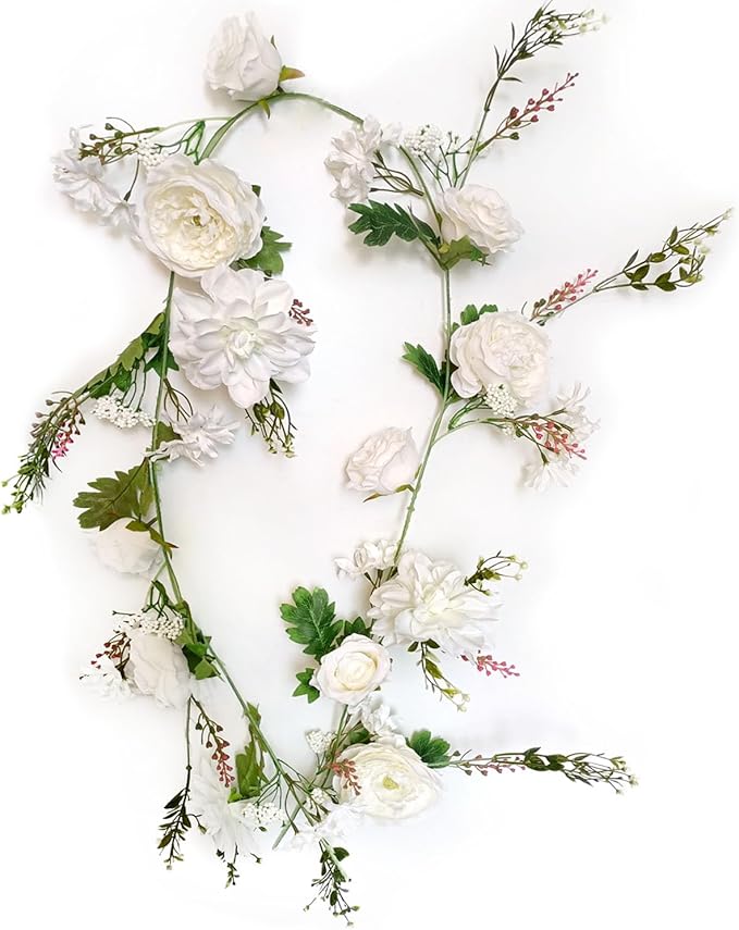 Peony Garland, Rose Flower Vine, Arch Flowers, 6' Length, Floral Garland for Decor Home Table Runner Mantle Decoration (Ivory Peony Garland)