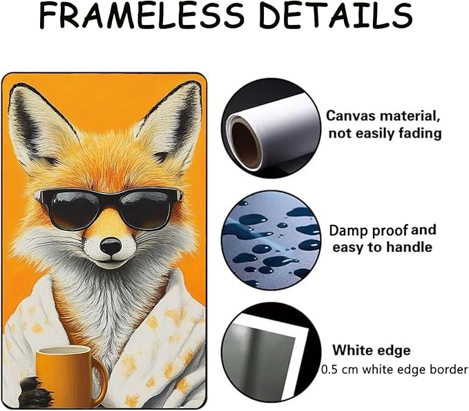 Funny Fox Canvas Wall Art Vintage Fox Bathrobe Posters Prints Animals Drinking Coffee Wall Art Portrait Painting Wildlife Pictures Wall Decor for Living Room 16x24inch Unframed