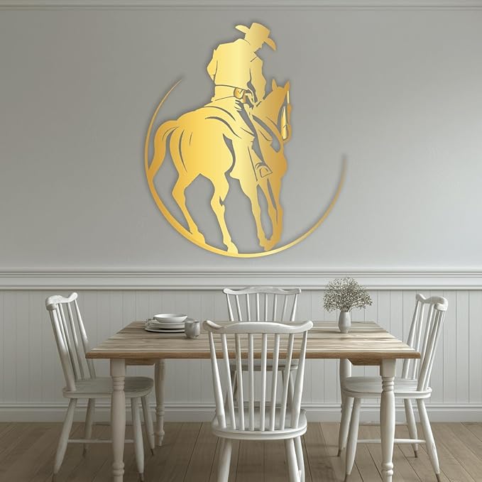 XXQ Metal Wall Art, Rustic Western Cowboy Metal Wall Decor Decorative Iron Sculpture for Bedroom Living Room and Outdoor Spaces (Gold, 35" x 35")