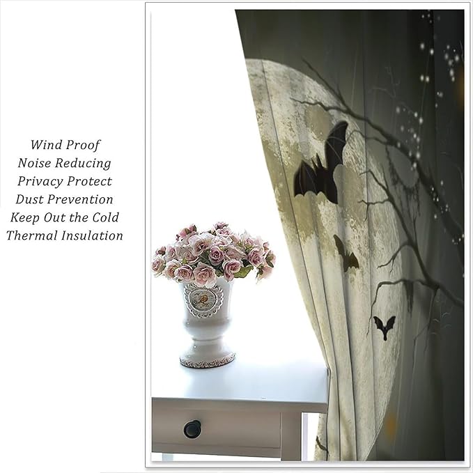 Gothic Halloween Full Moon Blackout Curtains, Gothic Halloween Night Black Bat Crow Print Window Drapes, for Kids Boys Bedroom Living Room 31.5(W)*72(L) 2 Panels