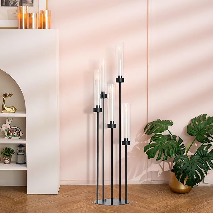 39.8''Matte Black Candle Holder with Acrylic Shades Tall 5 Arm Candelabra Black Table Centerpiece 6PCS for Wedding Living Dining Room Fireplace Decoration Fit 0.98''LED Taper Candle