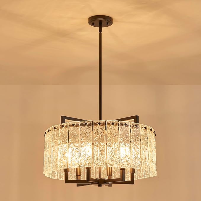 Shrine Lighting Crystal Chandeliers, Modern Luxury Style, Perfect Pendant Light Fixture for Living Space, D20'' × H4'', Adjustable 43'', 6 x E12 Sockets, Glass Shade & Black Finish Frame