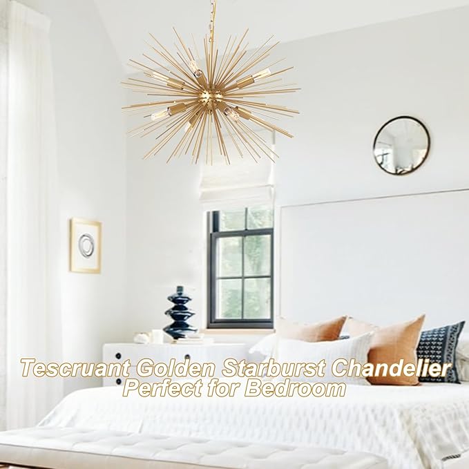 24.41" Golden Sputnik Chandelier Vintage Modern Luxury Starburst Geometric Chandelier Light Fixture Solid Metal Firework Gold Chandelier for Dining Room, Kitchen, Bedroom, E12