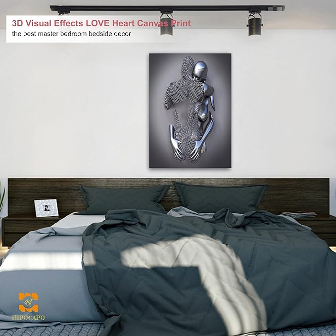 3D Metal Effect Wall Art - 3D Metal Art Wall, Silver Modern Abstract Hug Lovers Painting Picture Poster Prints for Bathroom, Romantic Couple Living Room Canvas Wall Art Framed 28”x40”x1Pcs