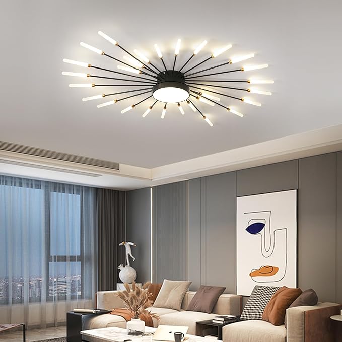 JAYMP Ceiling Light Modern Flower Shape Ceiling Lamp for Living Room Dining Room Flush Mount Metal Acrylic Sputnik Firework Petal LED Lighting Fixture (Matte Black, 28+1 Lights)