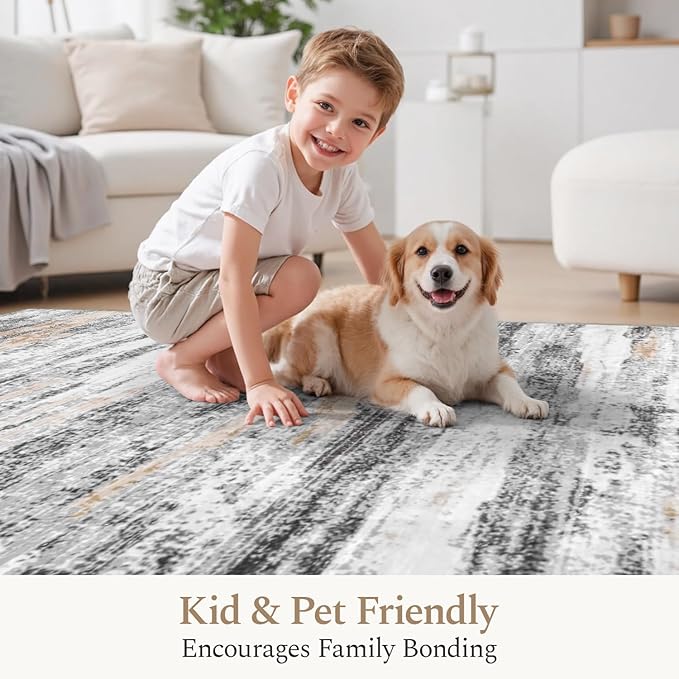 Rugflix 8x10 Large Area Rugs, Abstract Washable Rug for Living Room, Soft Low Pile Carpet, Non-Slip, Stain Resistant, Neutral Beige Grey Indoor Rug for Bedroom, Dining Room, Home Office