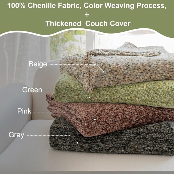 ROOMLIFE Green Sofa Cover,Couch Cover for Dogs Washable, Soft Chenille 3 Cushion Couch Covers for Sofa, Furniture Sofa Protector Loveseat Sectional Couch Throw Blankets with Tassels 71 '' X 134''