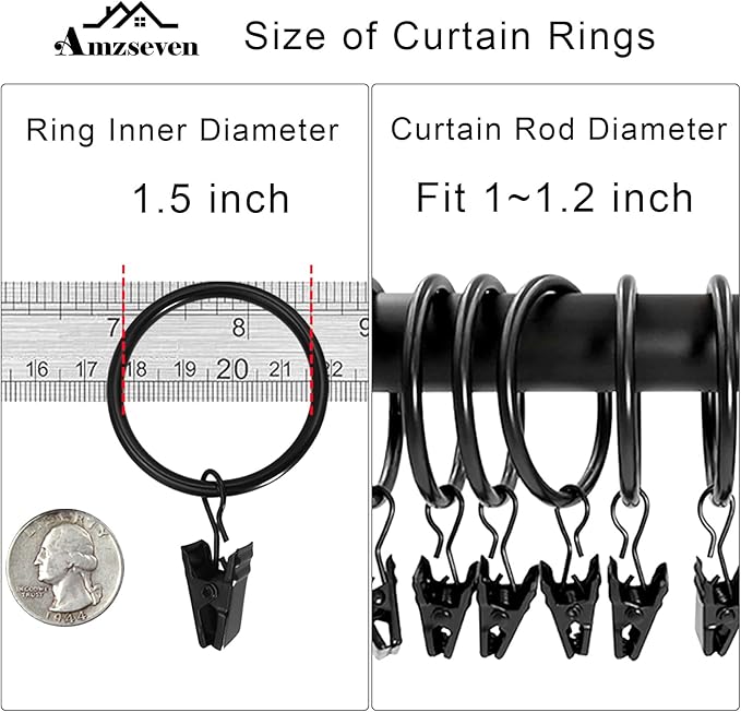 40 Pack Metal Curtain Rings with Clips, Drapery Clips Hooks, Decorative Curtain Rod Clips 1.5 in Interior Diameter, Vintage Black