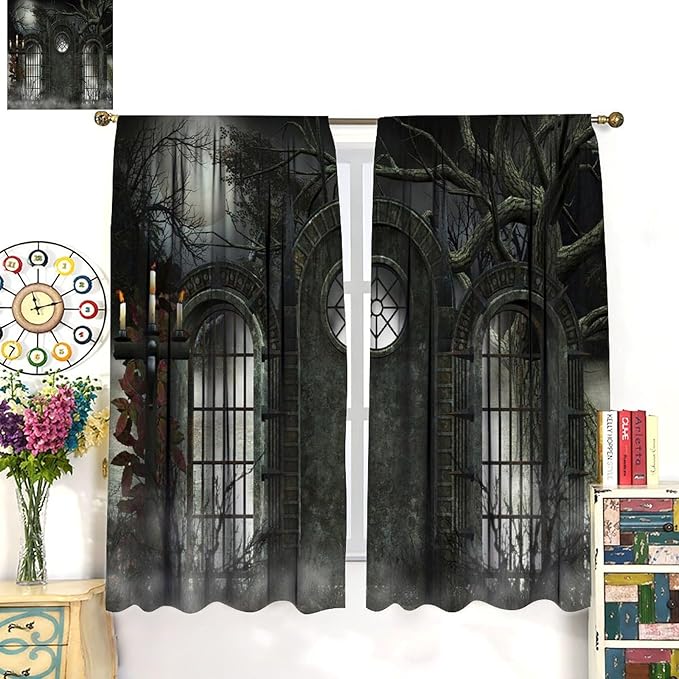 Gothic Mid Century Blackout Curtains, Moon Halloween Horror Candle Print Pattern Window Drapes, for Living Room Bedroom 31.5(W)*72(L) 2 Panels