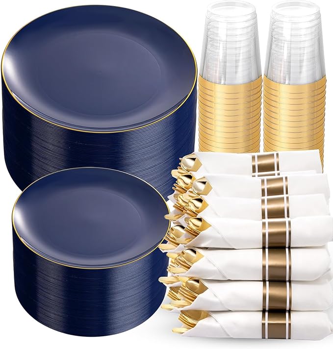 KIRE 350Pcs Blue and Gold Plates -Heavy Duty Navy Blue Dinnerware Set - 100 Plastic Plates 50 Pre Rolled Napkins with Gold Plastic Silverware 50 Cups for Upscale Hanukkah/Birthday/Wedding/Parties