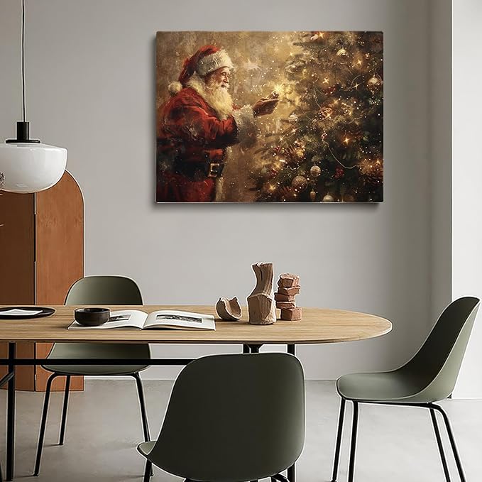 Santa Christmas Tree Wall Art Print,Dark Vintage Holiday Santa Claus Painting,Farmhouse Christmas Decor