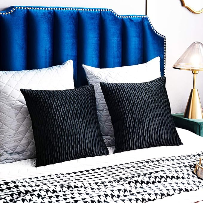 Black Striped Decorative Pillow Covers: 2 Pack 18x18 Inch Original Velvet Square Throw Pillow Cases for Farmhouse Couch