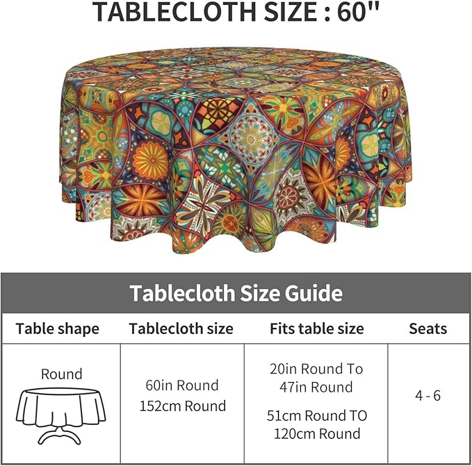Mexican Ceramic Round Tablecloth, Colorful Talavera Tile Mandala Traditianal Boho Water Resisitant Wipeable Table Cover for Dining Kitchen Living Room Home Party Holiday Decor 70 inch Round