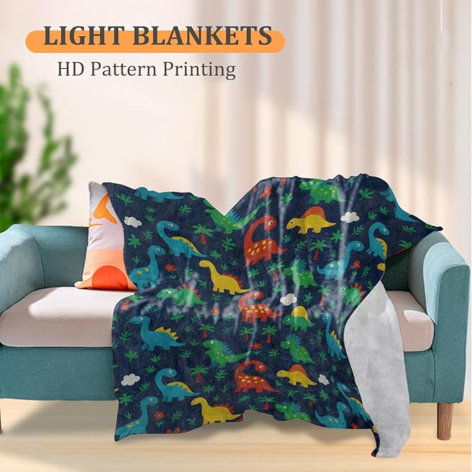 Colorful Cartoon Dinosaur Blanket, Playful Jungle Theme 50 x 40 Inch Flannel Throw Blanket, Gifts for Women Kids, Lightweight Cozy Warm Blankets for Sofa Travel Home Decor