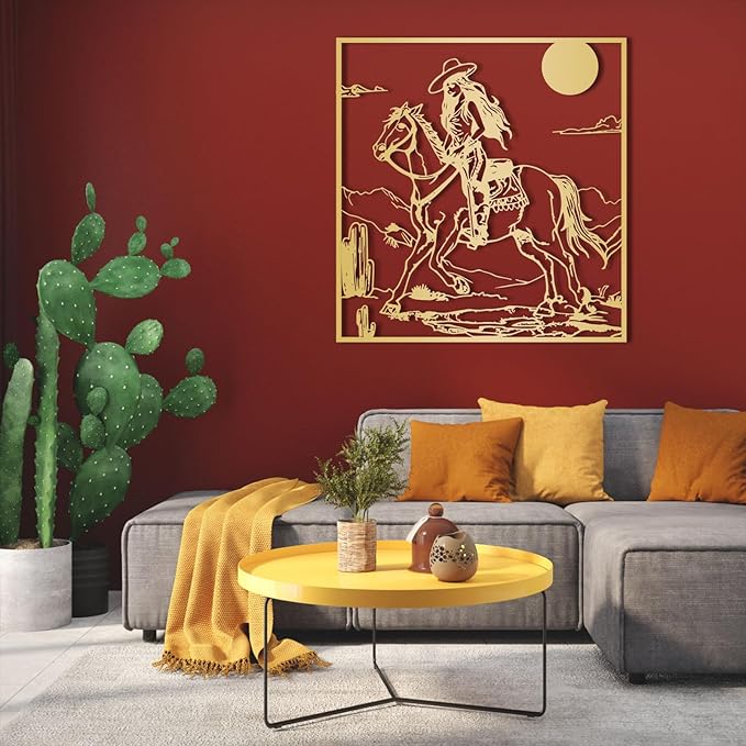 Vintage Western Cowgirl Metal Wall Decor, Rustic Cowgirl Riding Horse Metal Wall Sculpture, Southwestern Landscape Wall Art, Coastal Cowgirl Room Decor for Living Room (Silver, 30x28in|76x72cm)