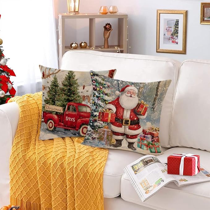 Neatee Living Christmas Pillow Covers 16x16 Set of 4 Farmhouse Xmas Vintage Throw Pillows Christmas Tree Deer Snowman Pillow Cases Outdoor Sofa Couch Cushion Covers for Home Decorations (16 by 16)