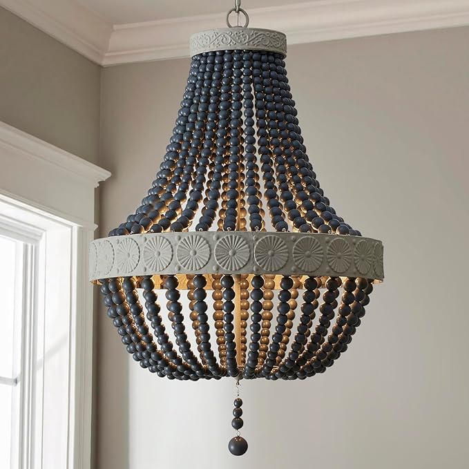 Saint Mossi Farmhouse Chandeliers, Vintage Design Wood Bead Pendant Light Fixture, D18 x H26, Adjustable 59" Chains, 4 x E12 Sockets, Rustic Black Finish Bead & Dirt Grey Finish Metal Frame