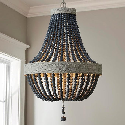 Saint Mossi Farmhouse Chandeliers, Vintage Design Wood Bead Pendant Light Fixture, D18 x H26, Adjustable 59" Chains, 4 x E12 Sockets, Rustic Black Finish Bead & Dirt Grey Finish Metal Frame