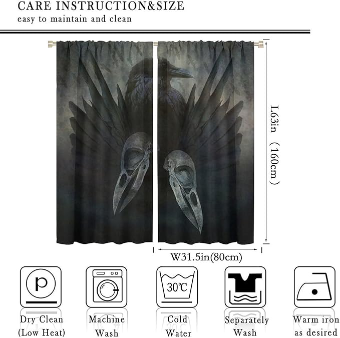 Gothic Blackout Window Curtains, Halloween Black Raven Crow Black Dark Wings Rod Pocket Window Treatments Drapes, for Living Room Bedroom 31.5(W)*63(L) 2 Panels