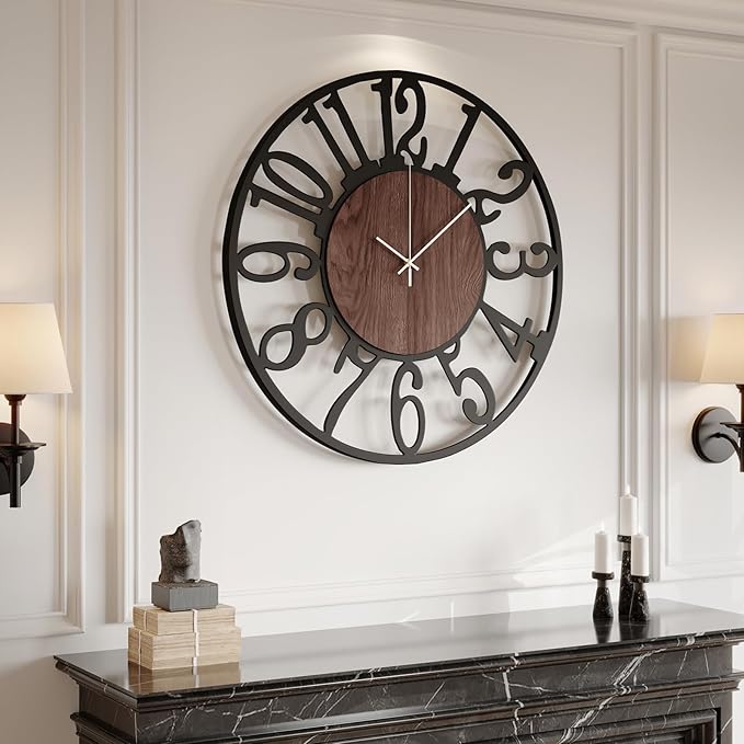 30" Extra Large Wall Clock, Modern Battery Operated Silent Non Ticking 30 inch Decorative Wood Metal Wall Clock, Black Round Big Clocks for Living Room, Bedroom, Kitchen, Office Decor-Arabic Numerals