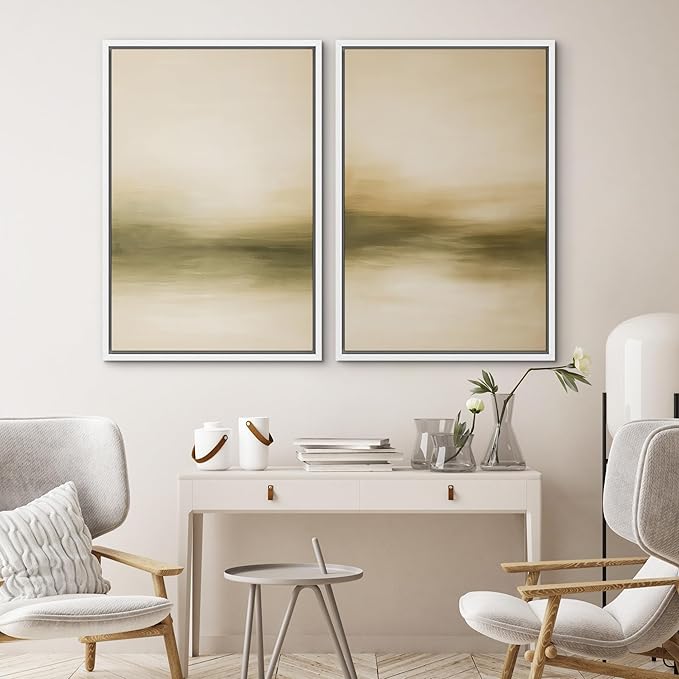SIGNWIN Framed Canvas Print Wall Art Set Golden Horizon Mist Neutral Beige and Olive Gradient Abstract Landscape Zen Bohemian for Living Room, Bedroom, Office - 24"x36"x2 WHITE
