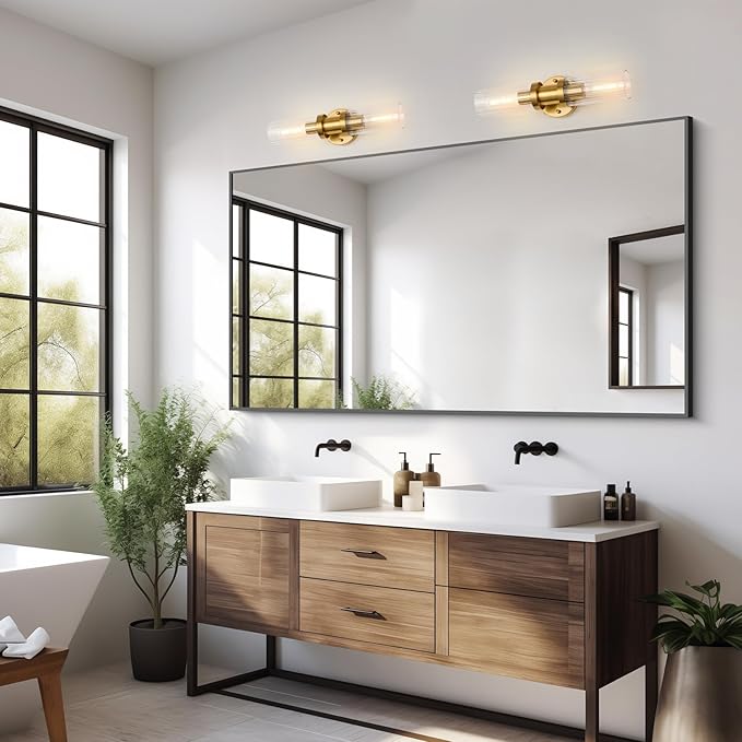 Gold Wall Sconces Set of Two, 17.5 inch Brushed Gold Vanity Light with Stripped Glass Shade, Indoor Wall Lights for Mirror, Bathroom, Kitchen, Living Room（2 Pack）