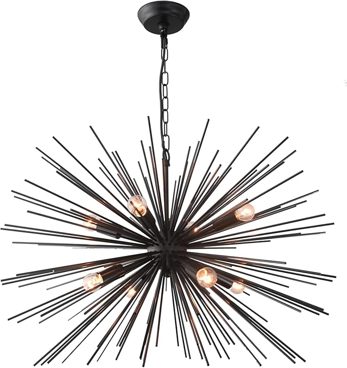 29.13" Large Black Sputnik Chandelier Vintage Geometric Starburst Chandelier Light Modern Solid Metal Firework Chandeliers for Dining Room, Kitchen Island, Bedroom, Living Room