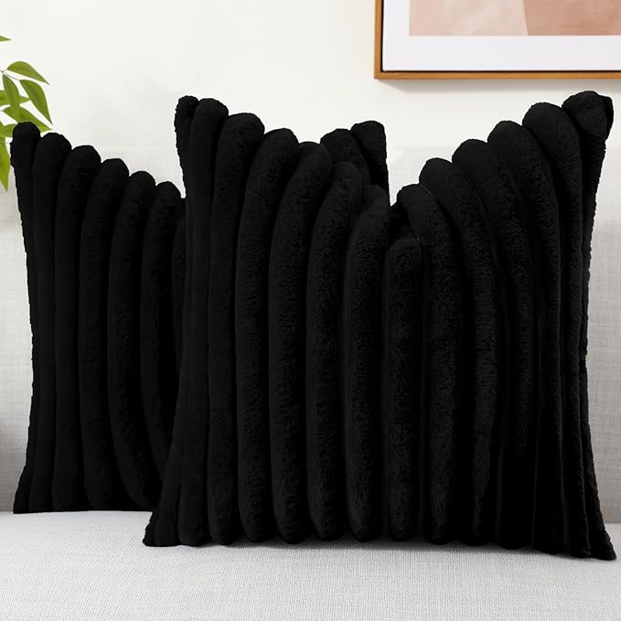 decorUhome Faux Fur Christmas Throw Pillow Covers 24x24 Set of 2, Decorative Soft Plush Striped Neutral Couch Euro Pillow Covers with Velvet Back for Sofa, Bed, Living Room Home Decor, Black