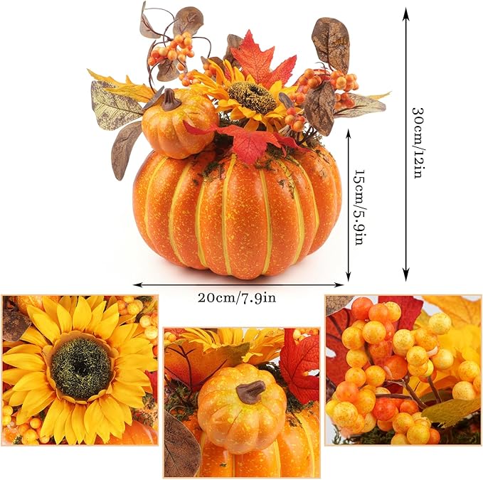 12 Inch Artificial Pumpkins Large Fake Pumpkin Decor Plastic Pumpkins Decorative with Sunflower Maple Leaf Berries Faux Pumpkin for Decorating Fall Harvest Thanksgiving Tables Centerpieces Decor