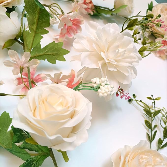 Peony Flower Garland, Artificial Flowers, 70in/180cm Length, Center Flower Decoration, Faux Flowers Garland for Wedding Decor Home Table Runner Mantle Party Decor (Champagne Peony Garland)