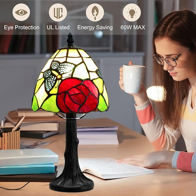 Tiffany Style Table Lamp - Antique Butterfly & Rose Stained Glass Design Desk Lamps Antique 6 Inch Small Tiffany Lamp Bedside Table Lamps for Bedroom Living Room Office Desk Light(Bulb Included)