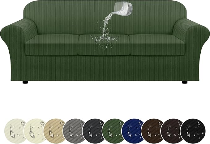 100% Waterproof Extra Large Couch Cover 4-Piece Set Striped Sofa Slipcovers for 3 Cushion Couch Covers with TPU Leakproof Bottom Stretch Protector Pet Proof - Sofa(3-Cushion), Military Green