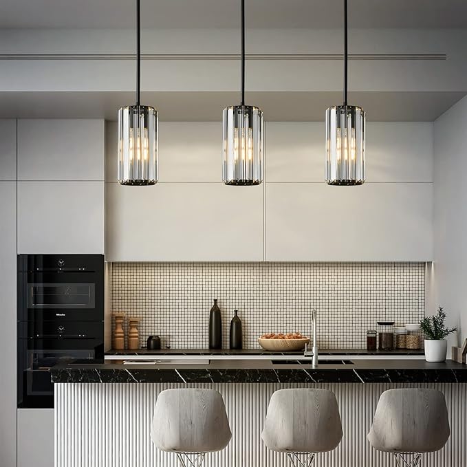 Black Pendant Lighting Modern Pendant Light Mini Crystal Chandeliers Adjustable Pendant Light Fixture for Kitchen Island Dinning Room Corridor Bedroom(Black 3-Pack)