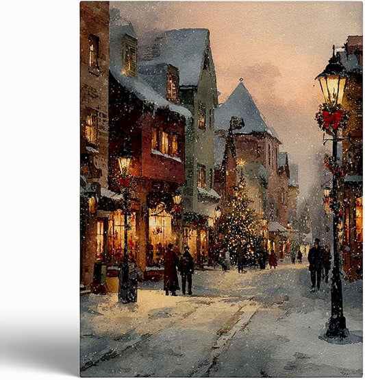 Vintage Christmas Village Prints- Nostalgic Xmas Painting,Snowy Village,Rustic Holiday Decor,Cottage-core Christmas Tree Prints