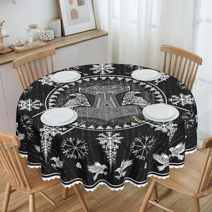 Norse Viking Tablecloth, Nordic Mythology Crow Helmet of Awe Ancient Mythical Viking Raven Print Water Resisitant Table Cover for Dining Kitchen Living Room Home Party Holiday Decor 60 inch Round