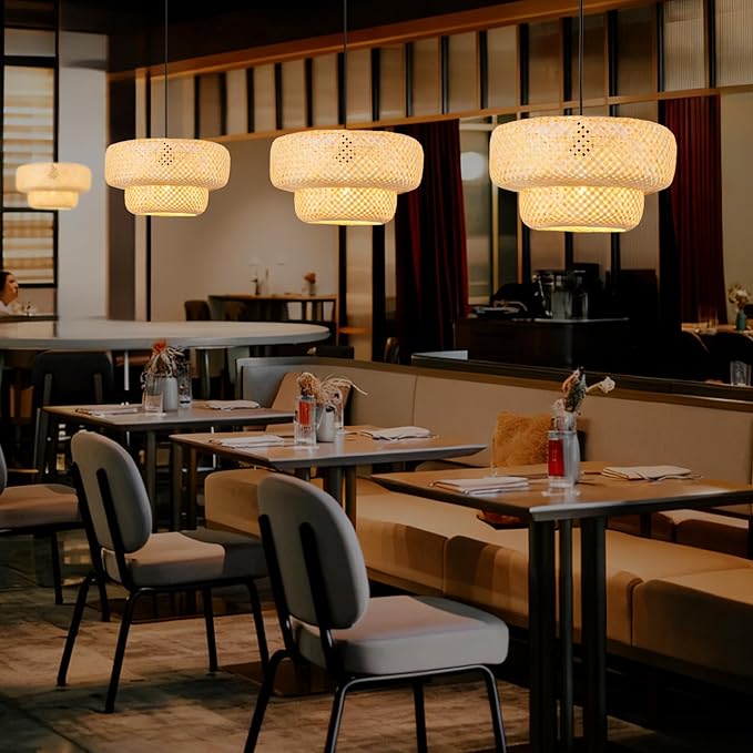Bamboo Pendant Lights 13.8IN Farmhouse Chandelier Hand-Woven Natural Ceiling Hanging Lamp for Kitchen Island Living Room Bedroom Restaurant Dining Room