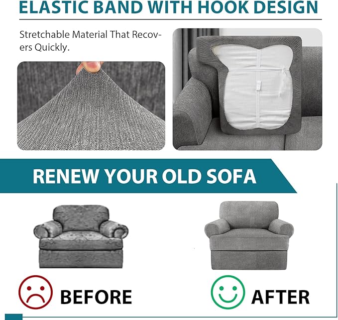2 Pieces T Cushion Chair Covers with Arms Super Stretch Chair Slipcover for Living Room Pet Dog Universal Slip Cover Anti Slip Armchair Furniture Protector (Light Gray, 1 Cushion)