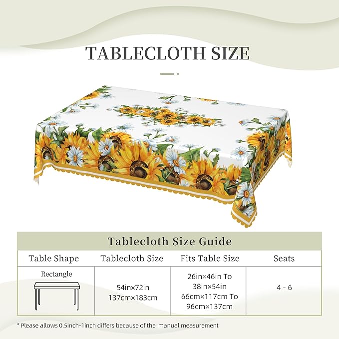 Sunflower Tablecloth Sunflower Blooming Flower Rectangle Tablecloth Watercolor Botanical Style Table Cover 54×72 Inch Washable Table Cloth for Kitchen Dining Room Party Decoration