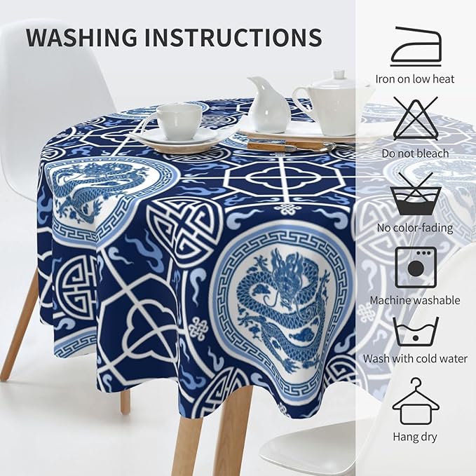 Chinoiserie Tablecloth Round, Traditional Zodiac Dragon Vintage Asian Style Oriental Luxury Water Resisitant Table Cover for Dining Kitchen Living Room Home Party Holiday Decor 36 inch Round