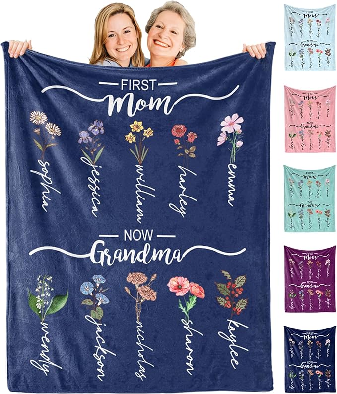 Ships Next Day, Personalized Christmas Mom Blanket Gift, Custom Blanket with Kids Name and Birth Month Flowers, Birthday Gifts for Mom from Daughter Son, Personalized Gifts for Grandma,Wife