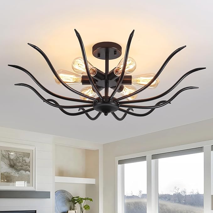 Semi Flush Mount Ceiling Light, 6 Lights Modern Black Light Fixture for Farmhouse Kitchen Dining Room Bedroom Living Room Hallway
