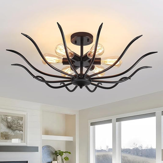 Semi Flush Mount Ceiling Light, 6 Lights Modern Black Light Fixture for Farmhouse Kitchen Dining Room Bedroom Living Room Hallway