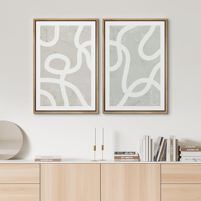 SIGNWIN Framed Canvas Print Wall Art Set Pastel White Swirl Pattern Collage Abstract Shapes Illustrations Modern Art Minimal Boho Calm for Living Room, Bedroom, Office - 24"x36"x2 Natural