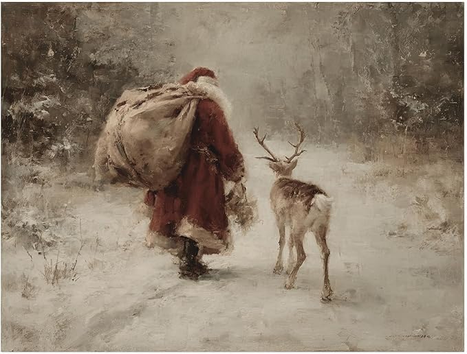 Rustic Reindeer Wall Art,Vintage Santa Claus Print,Antique Christmas Painting,Cozy Winter Scene Decor,Old World Holiday Print