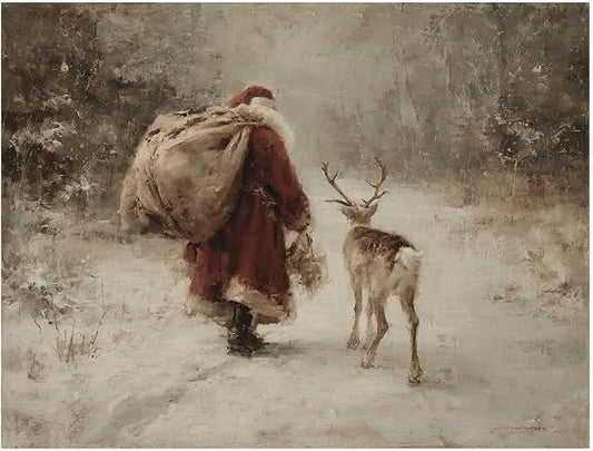 Rustic Reindeer Wall Art,Vintage Santa Claus Print,Antique Christmas Painting,Cozy Winter Scene Decor,Old World Holiday Print